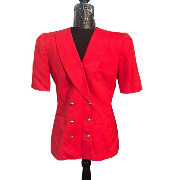 Le Suit 2-Piece Size 6 Jacket Skirt Suit Red Lined Nylon Short‎ Sleeve - Picture 1 of 8